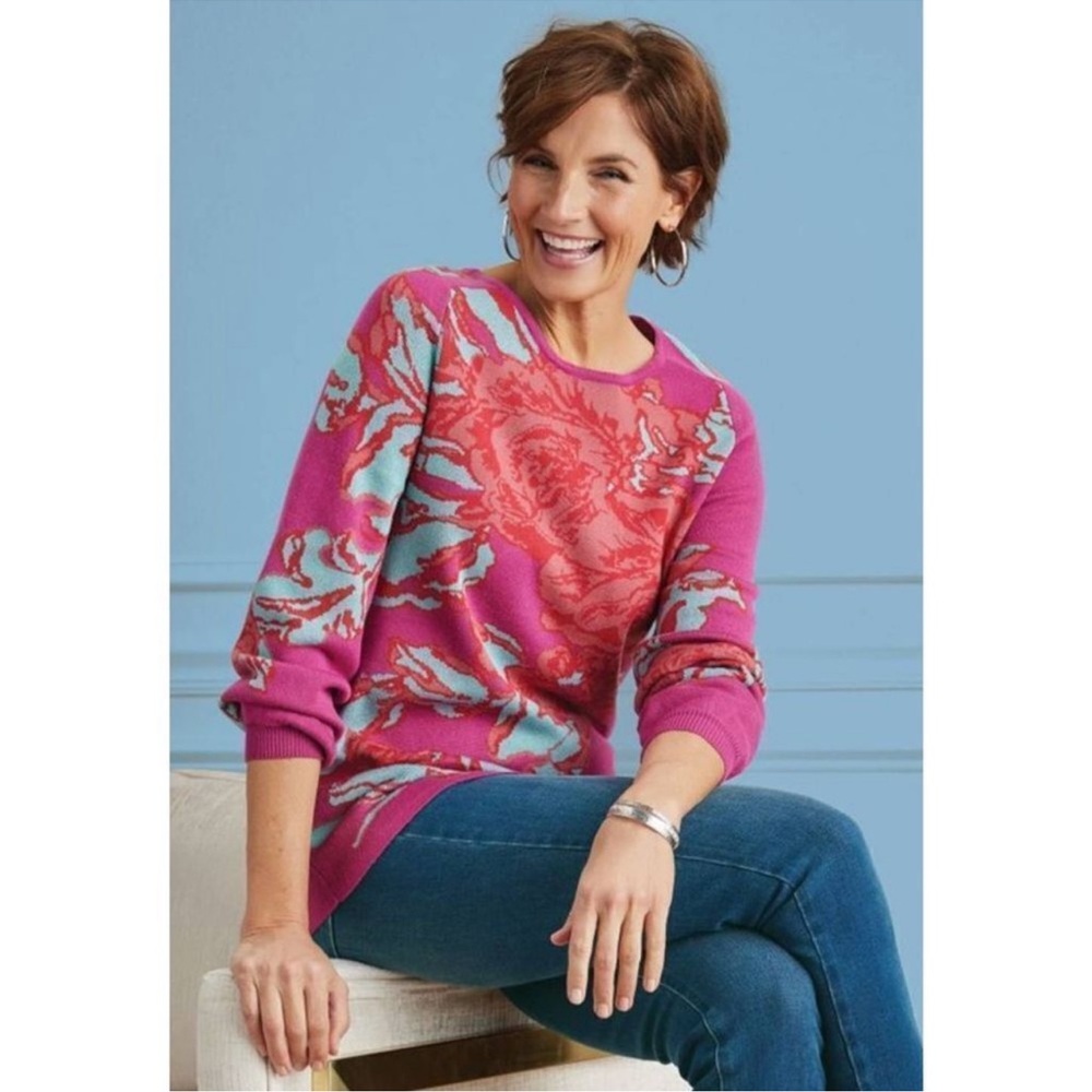 Soft Surroundings Floral Jacquard Sweater Pink NWT